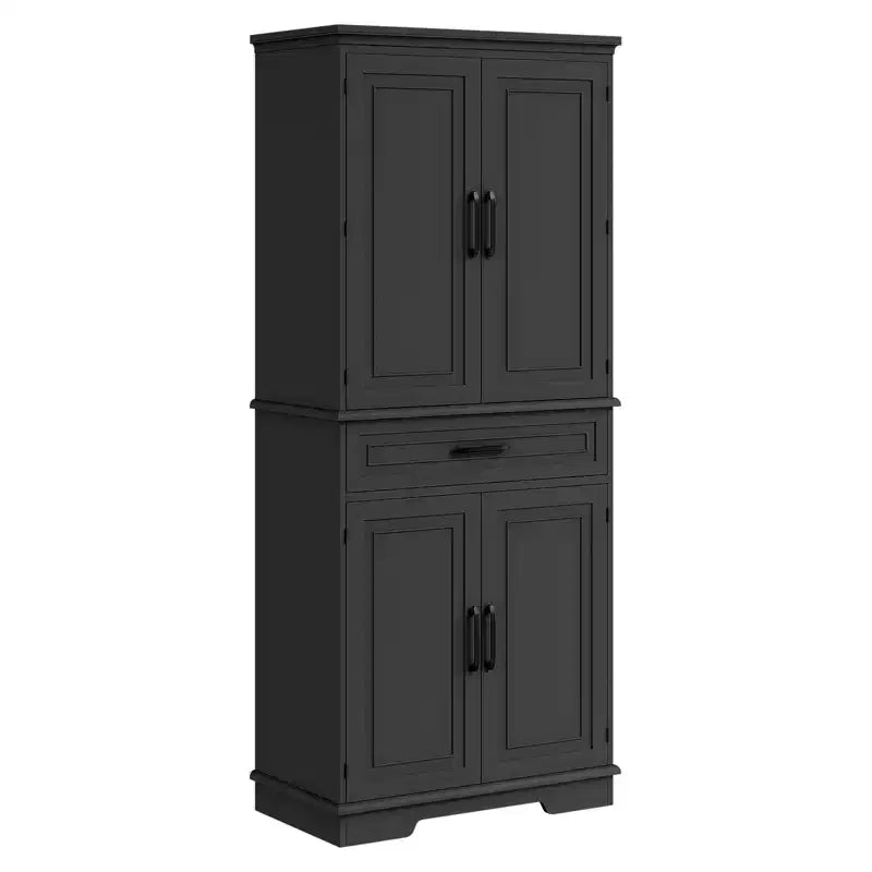 Armoire de cuisine noire sur pied avec tiroir, 4 étagères réglables, 6 étagères de porte