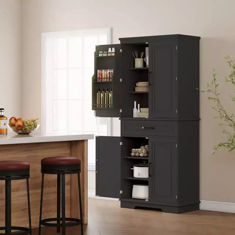 Armoire de cuisine noire sur pied avec tiroir, 4 étagères réglables, 6 étagères de porte