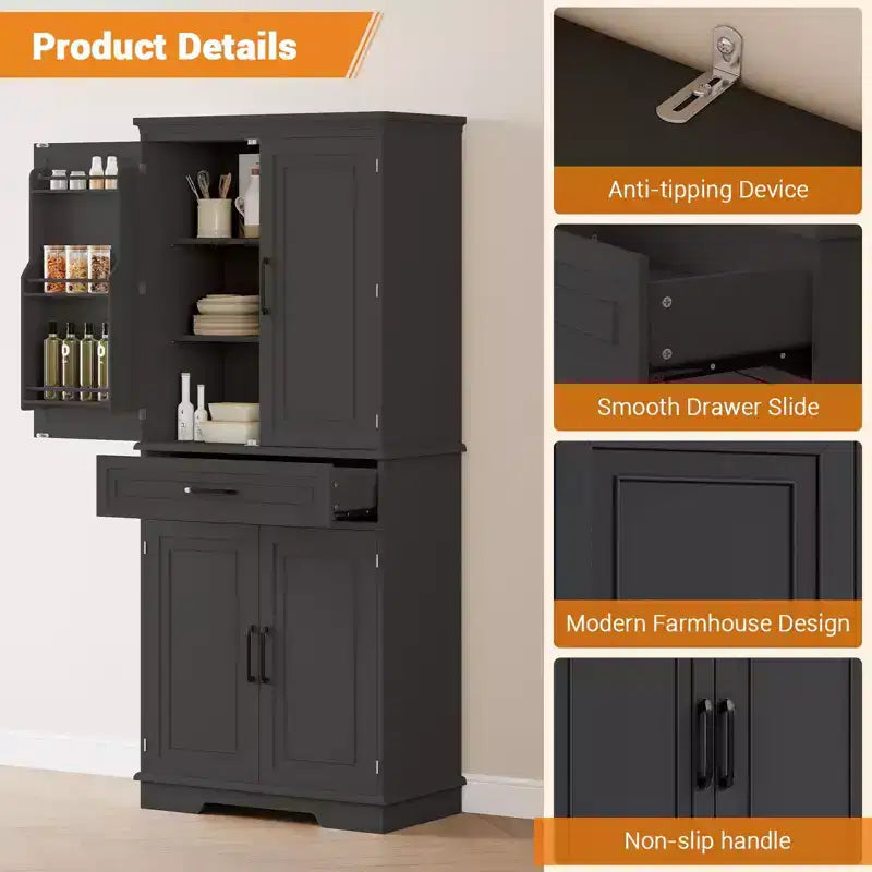 Armoire de cuisine noire sur pied avec tiroir, 4 étagères réglables, 6 étagères de porte