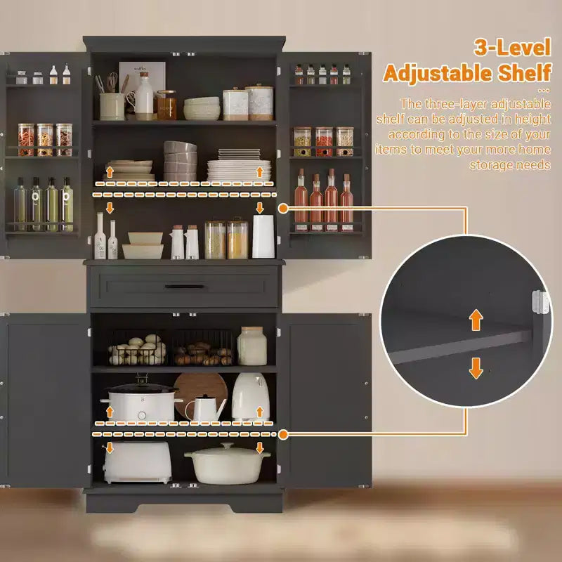 Armoire de cuisine noire sur pied avec tiroir, 4 étagères réglables, 6 étagères de porte
