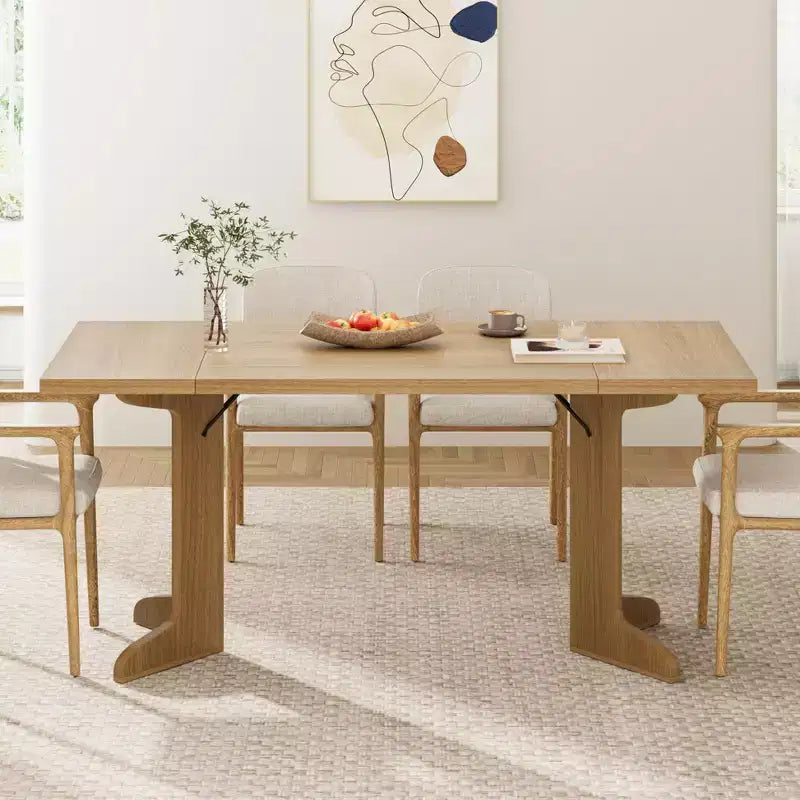 Table de salle à manger rectangulaire style ferme, marron et beige, 6 à 8 places, double piédestal
