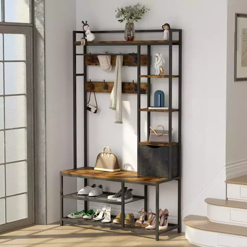 Meuble d'entrée 5-en-1 marron avec banc, porte-manteau et rangement à chaussures – 1 personne