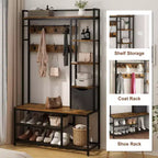 Meuble d'entrée 5-en-1 marron avec banc, porte-manteau et rangement à chaussures – 1 personne