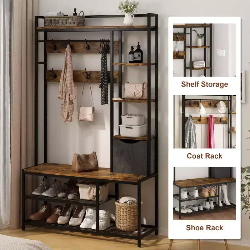 Meuble d'entrée 5-en-1 marron avec banc, porte-manteau et rangement à chaussures – 1 personne