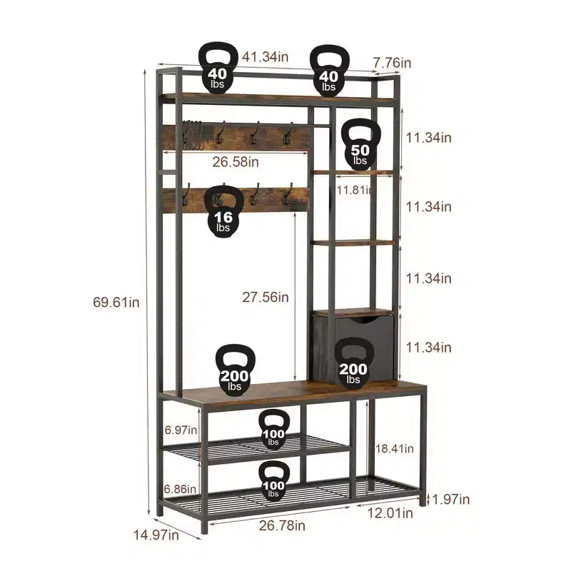Meuble d'entrée 5-en-1 marron avec banc, porte-manteau et rangement à chaussures – 1 personne
