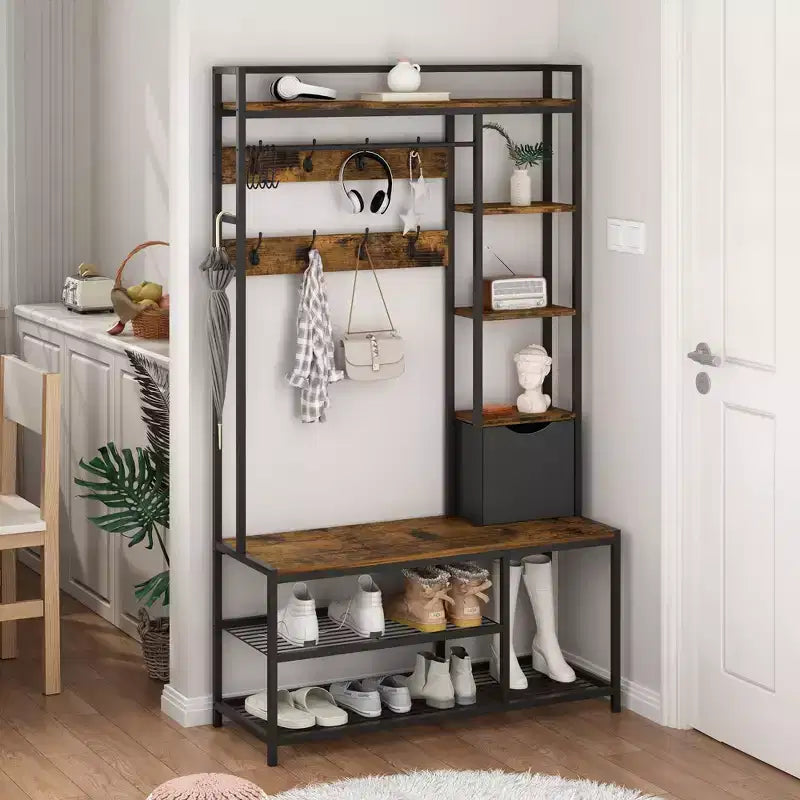 Meuble d'entrée 5-en-1 marron avec banc, porte-manteau et rangement à chaussures – 1 personne