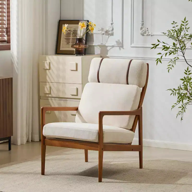 Fauteuil moderne du milieu du siècle, dossier haut, coussins inclus, 1 place, beige/gris clair, pieds en noyer