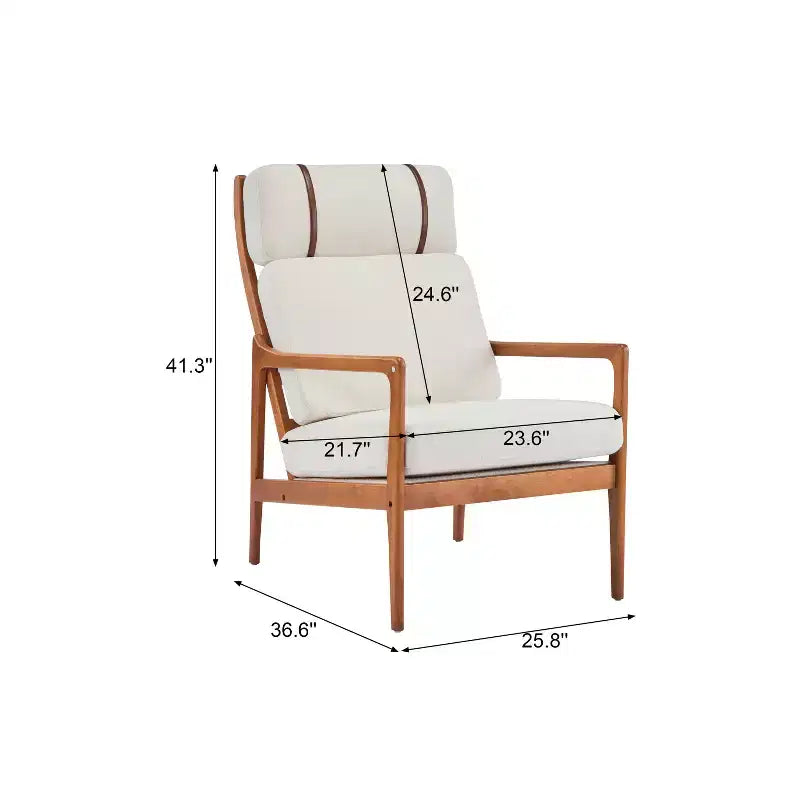 Fauteuil moderne du milieu du siècle, dossier haut, coussins inclus, 1 place, beige/gris clair, pieds en noyer