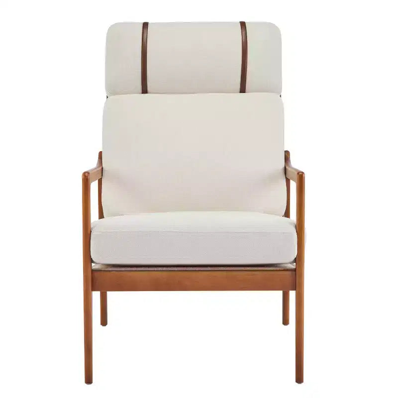 Fauteuil moderne du milieu du siècle, dossier haut, coussins inclus, 1 place, beige/gris clair, pieds en noyer