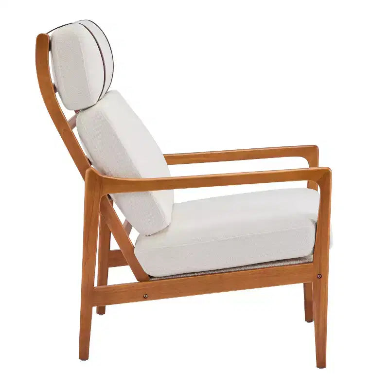 Fauteuil moderne du milieu du siècle, dossier haut, coussins inclus, 1 place, beige/gris clair, pieds en noyer