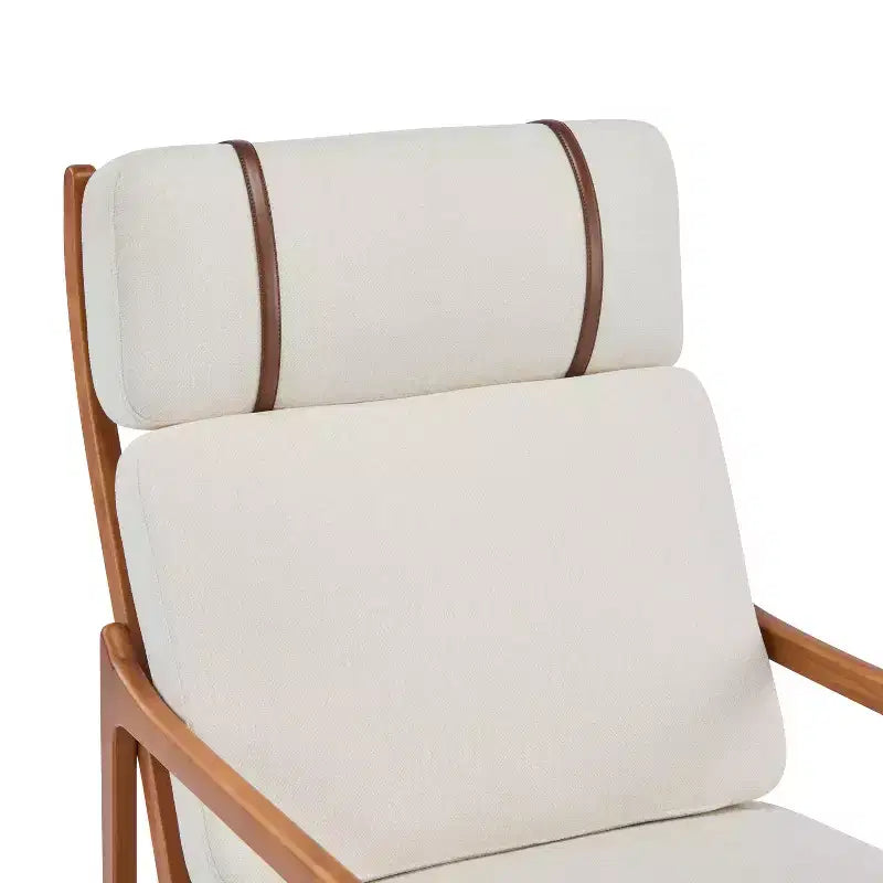 Fauteuil moderne du milieu du siècle, dossier haut, coussins inclus, 1 place, beige/gris clair, pieds en noyer