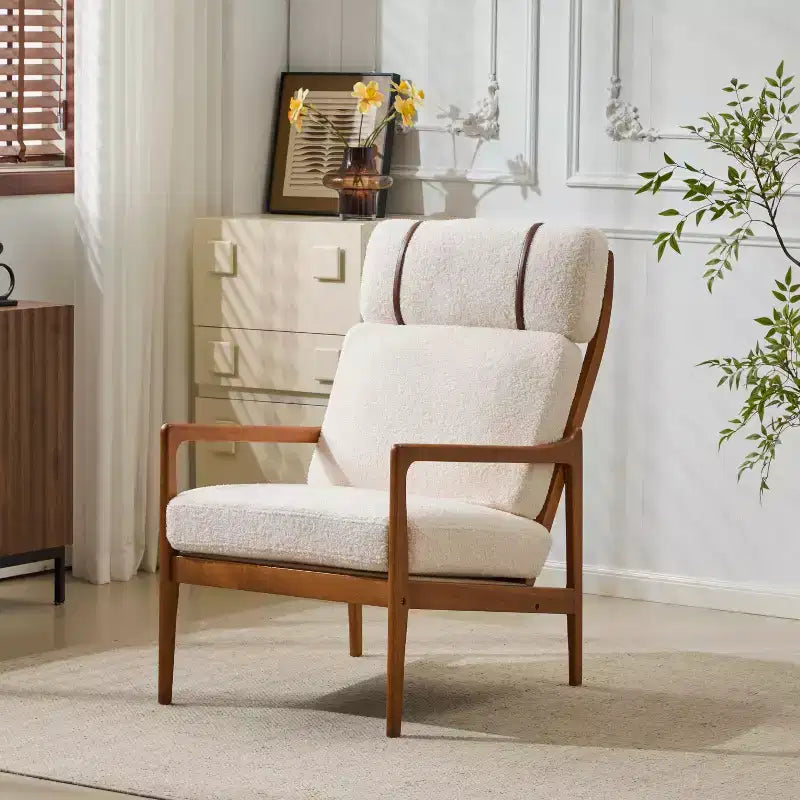 Fauteuil moderne du milieu du siècle, dossier haut, coussins inclus, 1 place, beige/gris clair, pieds en noyer