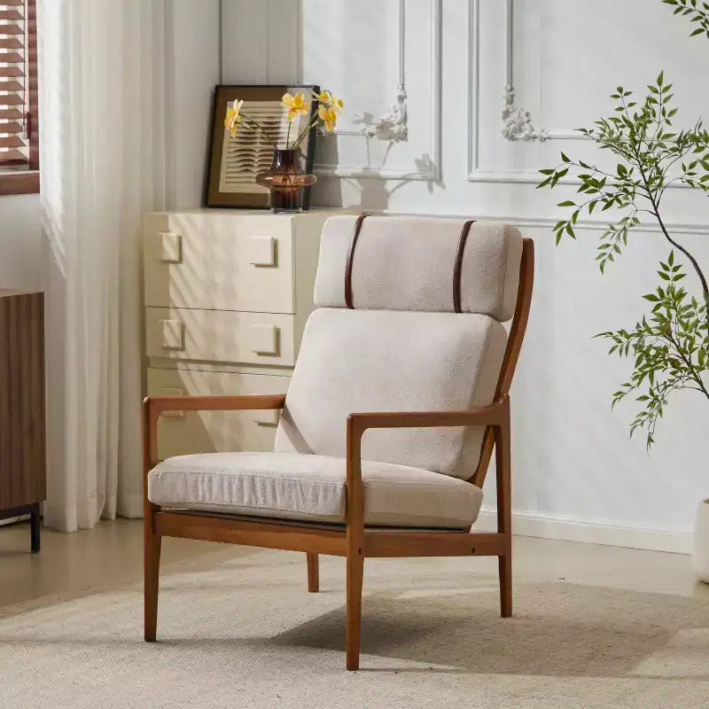 Fauteuil moderne du milieu du siècle, dossier haut, coussins inclus, 1 place, beige/gris clair, pieds en noyer