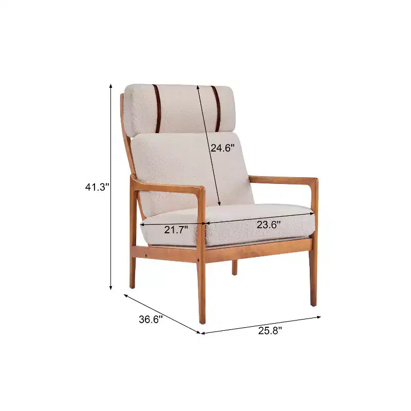 Fauteuil moderne du milieu du siècle, dossier haut, coussins inclus, 1 place, beige/gris clair, pieds en noyer