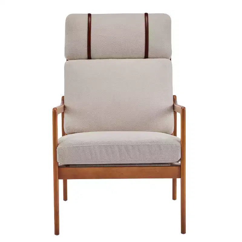 Fauteuil moderne du milieu du siècle, dossier haut, coussins inclus, 1 place, beige/gris clair, pieds en noyer
