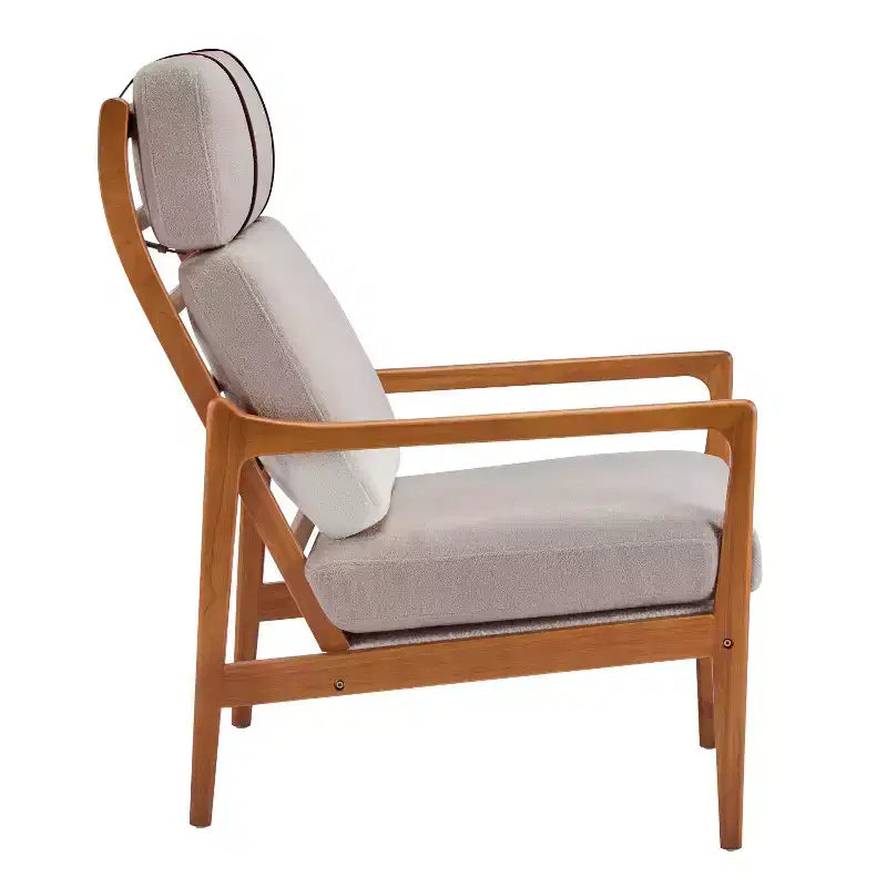 Fauteuil moderne du milieu du siècle, dossier haut, coussins inclus, 1 place, beige/gris clair, pieds en noyer