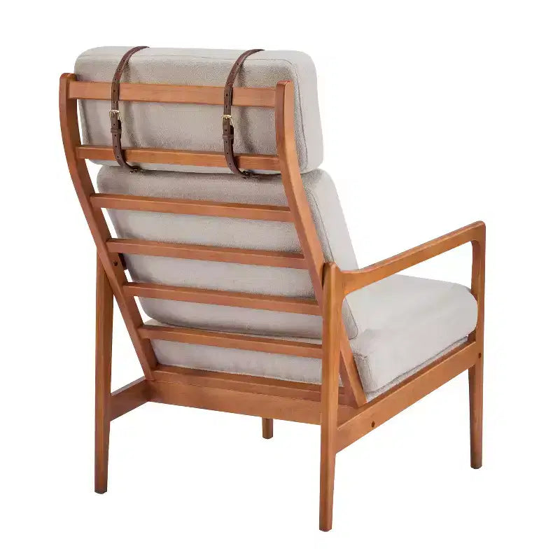 Fauteuil moderne du milieu du siècle, dossier haut, coussins inclus, 1 place, beige/gris clair, pieds en noyer