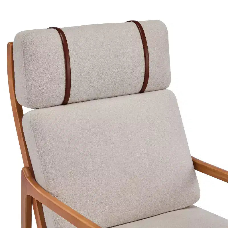 Fauteuil moderne du milieu du siècle, dossier haut, coussins inclus, 1 place, beige/gris clair, pieds en noyer