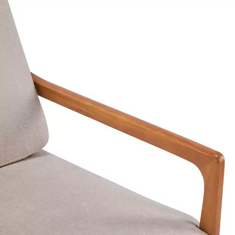 Fauteuil moderne du milieu du siècle, dossier haut, coussins inclus, 1 place, beige/gris clair, pieds en noyer