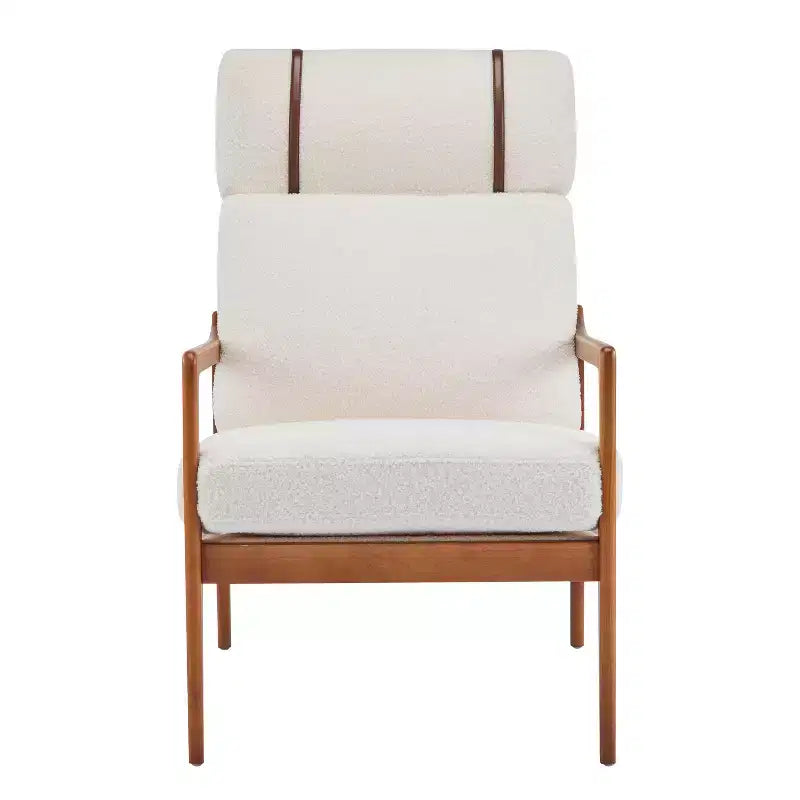 Fauteuil moderne du milieu du siècle, dossier haut, coussins inclus, 1 place, beige/gris clair, pieds en noyer