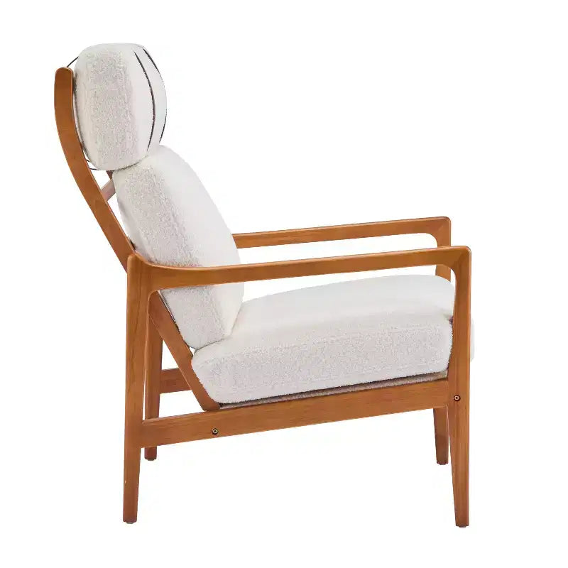Fauteuil moderne du milieu du siècle, dossier haut, coussins inclus, 1 place, beige/gris clair, pieds en noyer