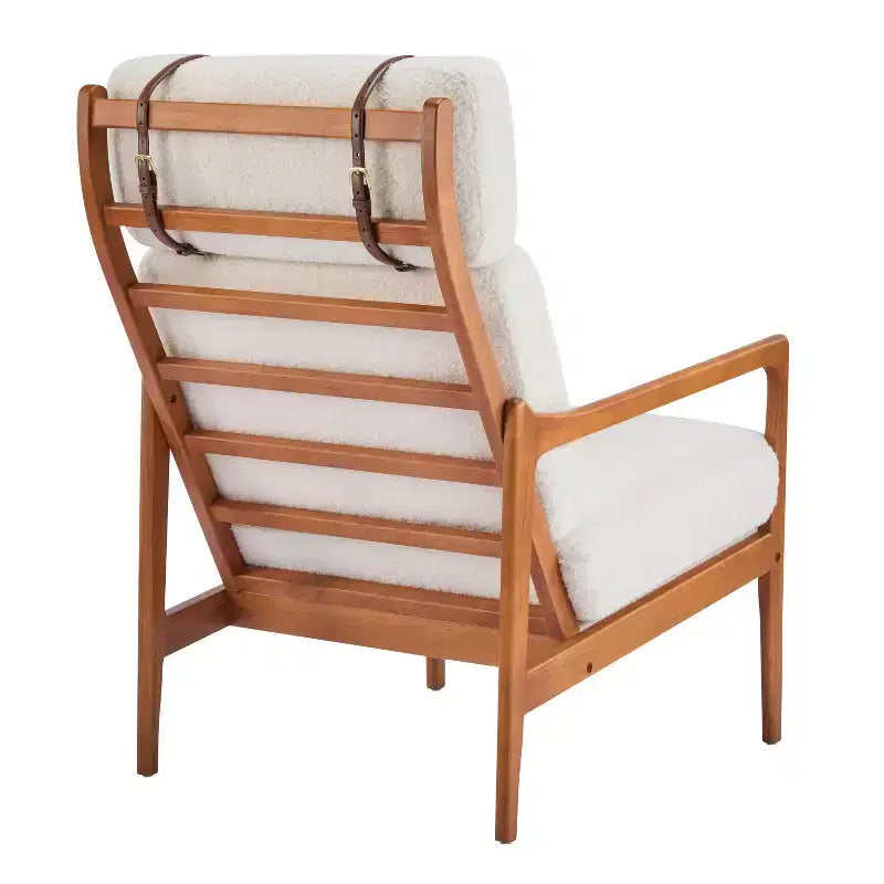 Fauteuil moderne du milieu du siècle, dossier haut, coussins inclus, 1 place, beige/gris clair, pieds en noyer