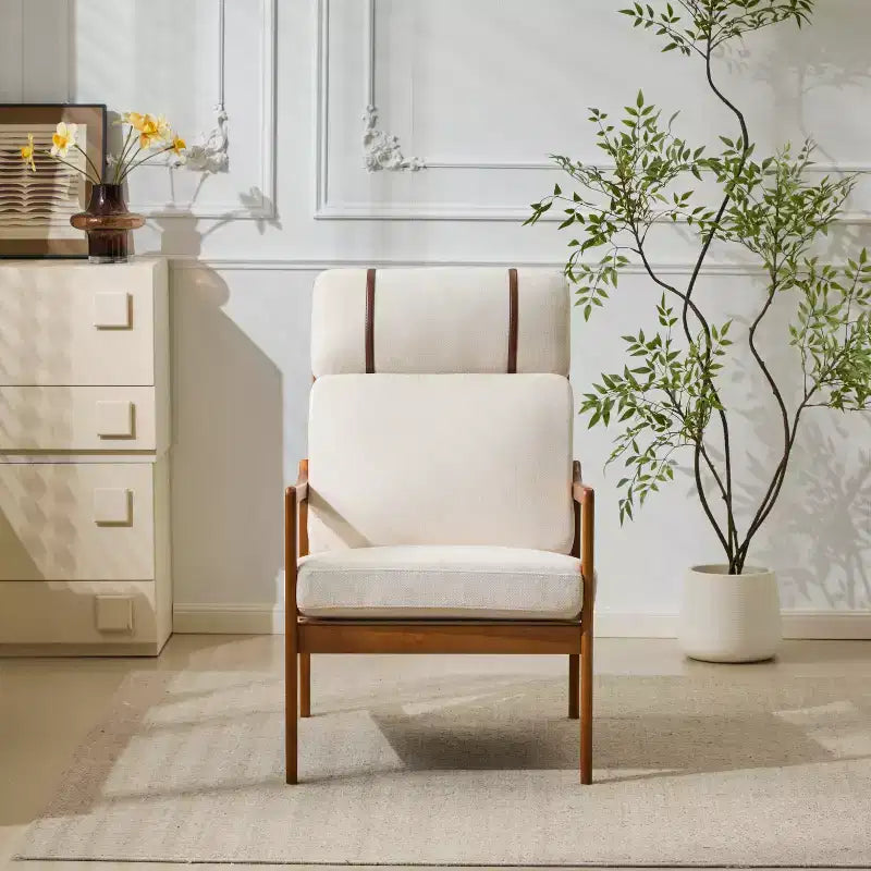 Fauteuil moderne du milieu du siècle, dossier haut, coussins inclus, 1 place, beige/gris clair, pieds en noyer