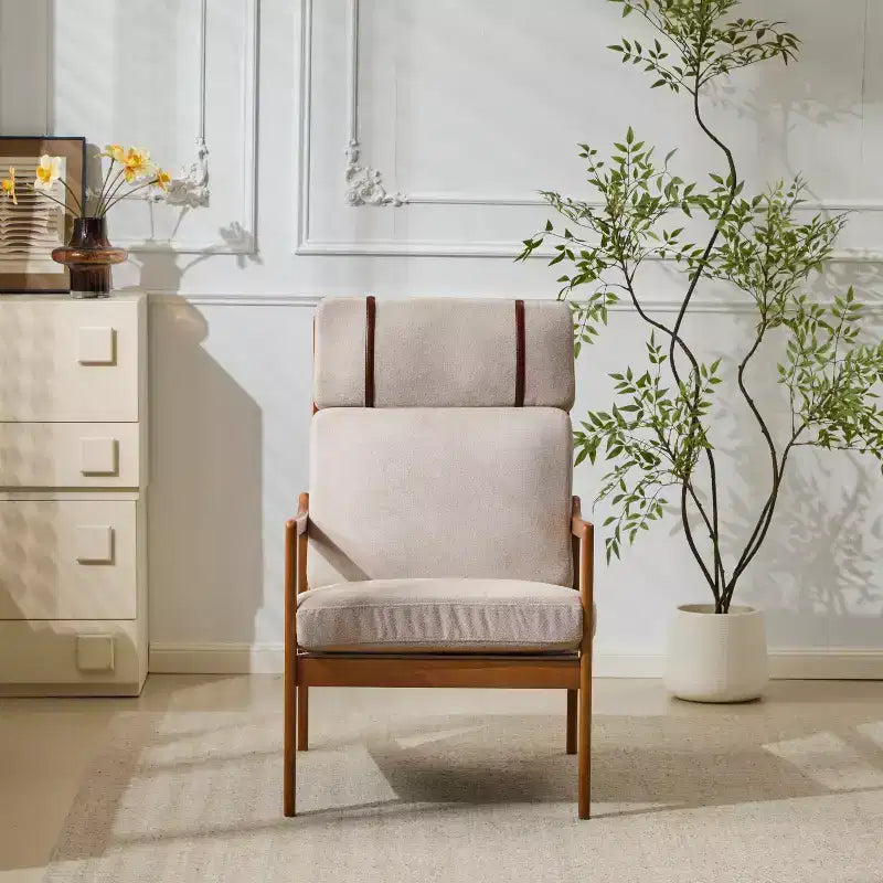 Fauteuil moderne du milieu du siècle, dossier haut, coussins inclus, 1 place, beige/gris clair, pieds en noyer