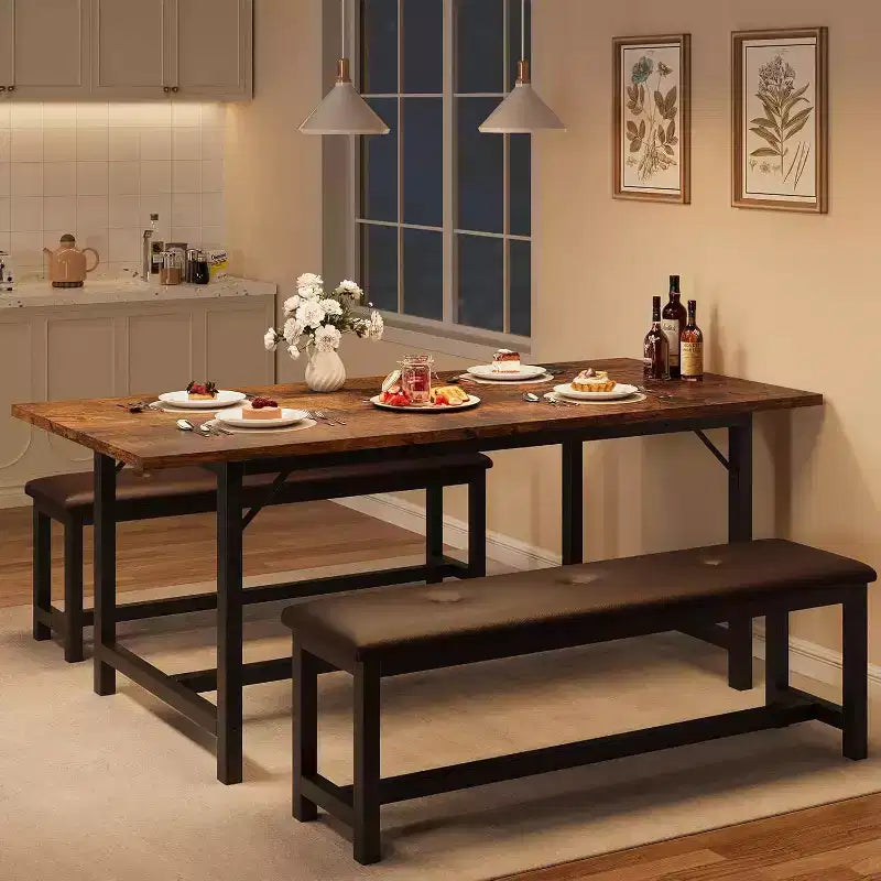 63-Inch Extendable Rustic Brown Dining Table Set for 4-6, Rectangle Wood Kitchen Table with 2 Soft Benches, Space-Saving Design for Small Spaces