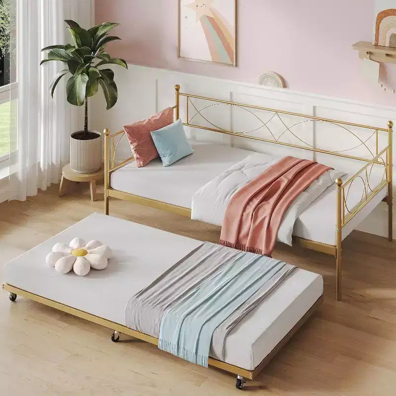 Lit de repos double en métal Noir/Doré/Rose/Violet/Blanc avec lit gigogne – Style canapé, 2 couchages