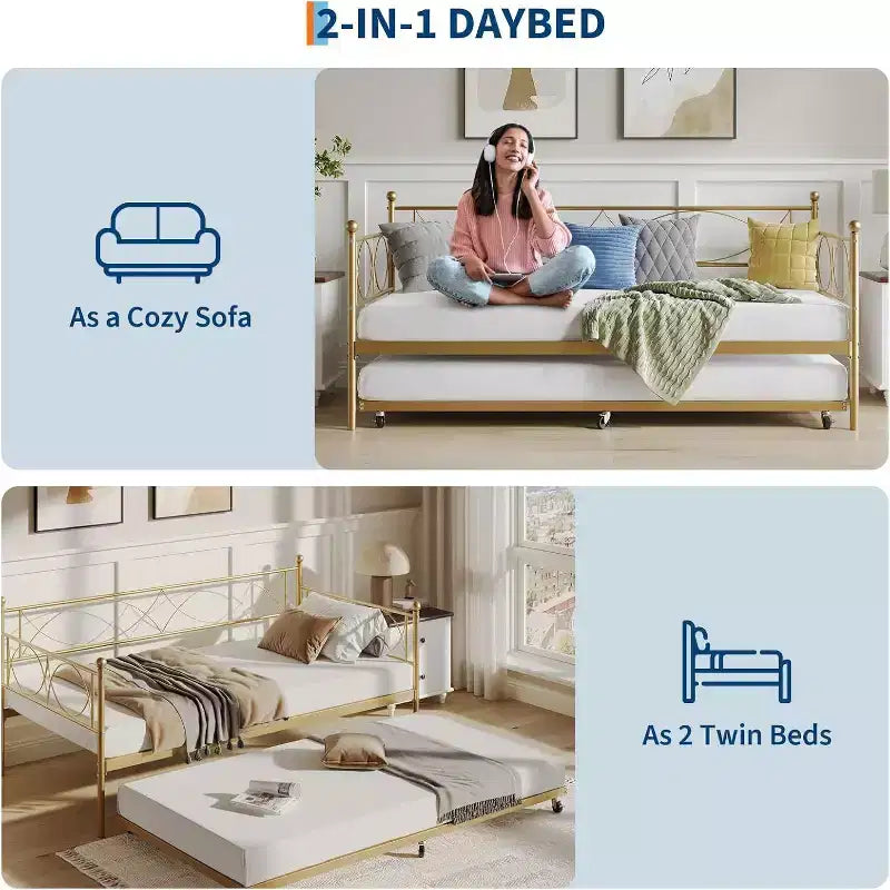 Lit de repos double en métal Noir/Doré/Rose/Violet/Blanc avec lit gigogne – Style canapé, 2 couchages