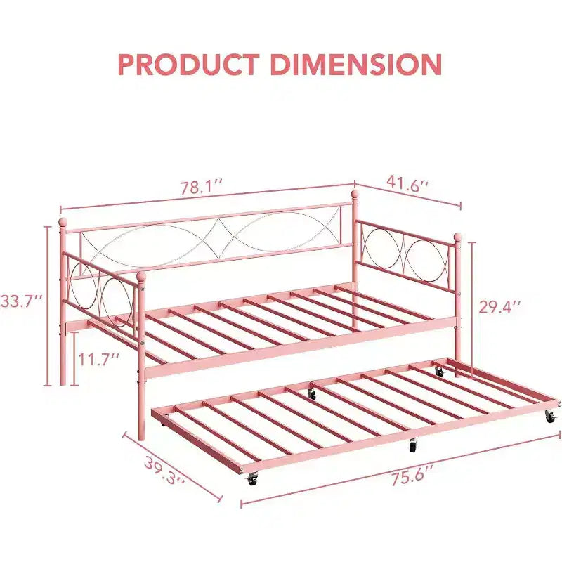 Lit de repos double en métal Noir/Doré/Rose/Violet/Blanc avec lit gigogne – Style canapé, 2 couchages