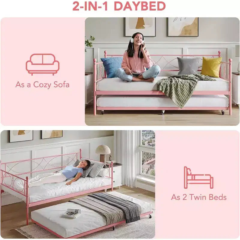 Lit de repos double en métal Noir/Doré/Rose/Violet/Blanc avec lit gigogne – Style canapé, 2 couchages