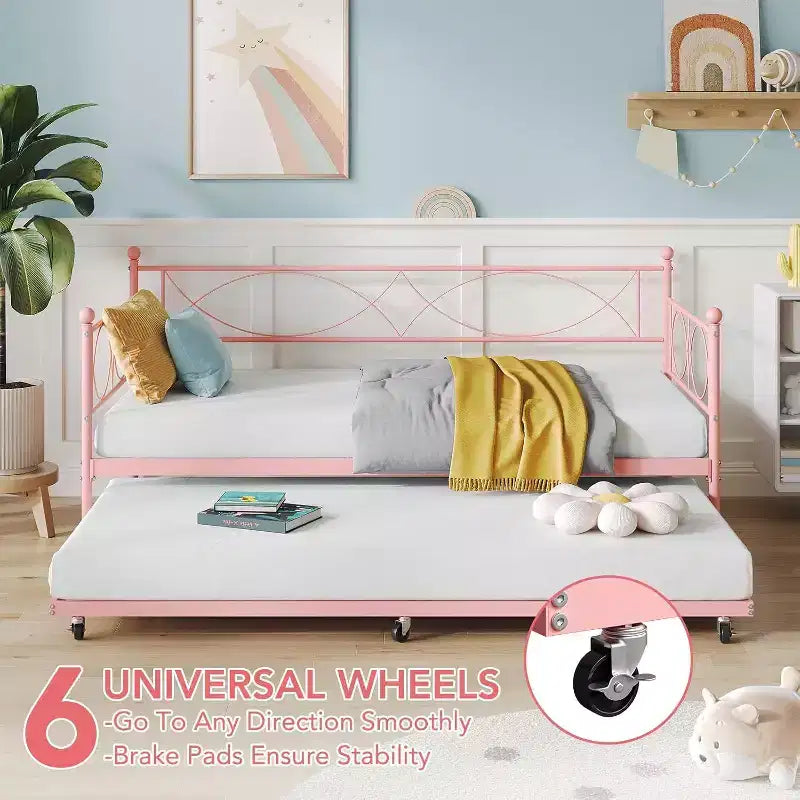 Lit de repos double en métal Noir/Doré/Rose/Violet/Blanc avec lit gigogne – Style canapé, 2 couchages
