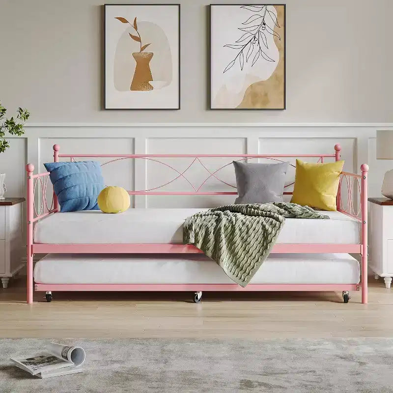 Lit de repos double en métal Noir/Doré/Rose/Violet/Blanc avec lit gigogne – Style canapé, 2 couchages