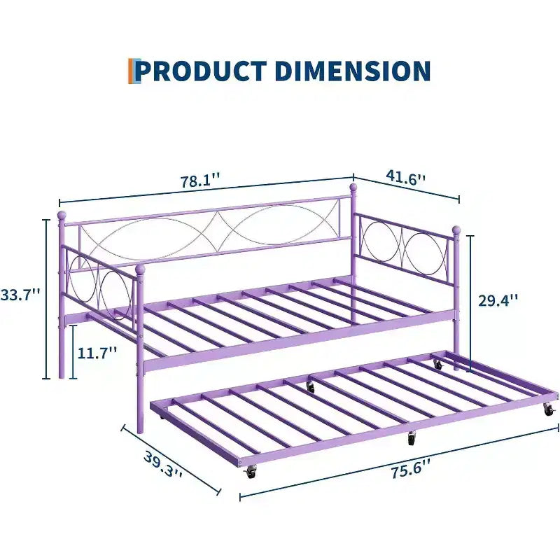 Lit de repos double en métal Noir/Doré/Rose/Violet/Blanc avec lit gigogne – Style canapé, 2 couchages