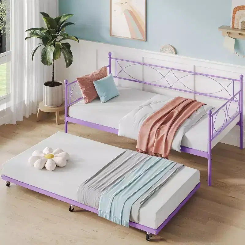 Lit de repos double en métal Noir/Doré/Rose/Violet/Blanc avec lit gigogne – Style canapé, 2 couchages