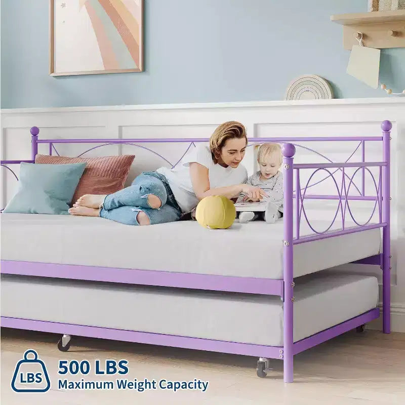 Lit de repos double en métal Noir/Doré/Rose/Violet/Blanc avec lit gigogne – Style canapé, 2 couchages