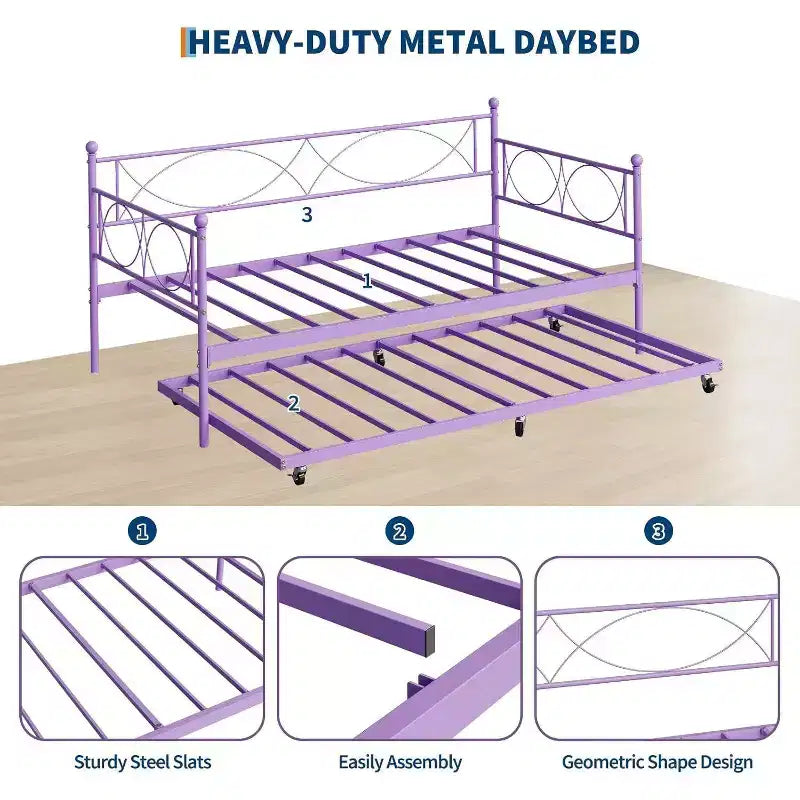 Lit de repos double en métal Noir/Doré/Rose/Violet/Blanc avec lit gigogne – Style canapé, 2 couchages