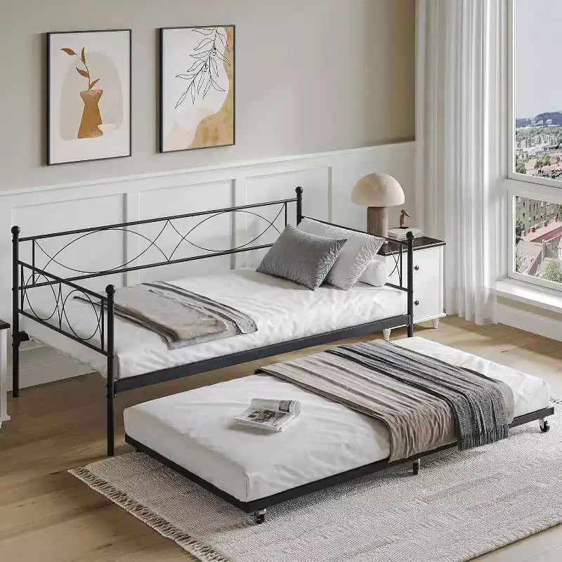 Lit de repos double en métal Noir/Doré/Rose/Violet/Blanc avec lit gigogne – Style canapé, 2 couchages