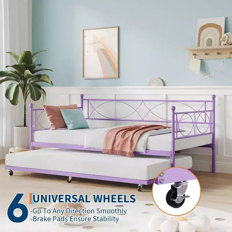 Lit de repos double en métal Noir/Doré/Rose/Violet/Blanc avec lit gigogne – Style canapé, 2 couchages