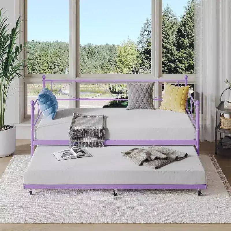 Lit de repos double en métal Noir/Doré/Rose/Violet/Blanc avec lit gigogne – Style canapé, 2 couchages