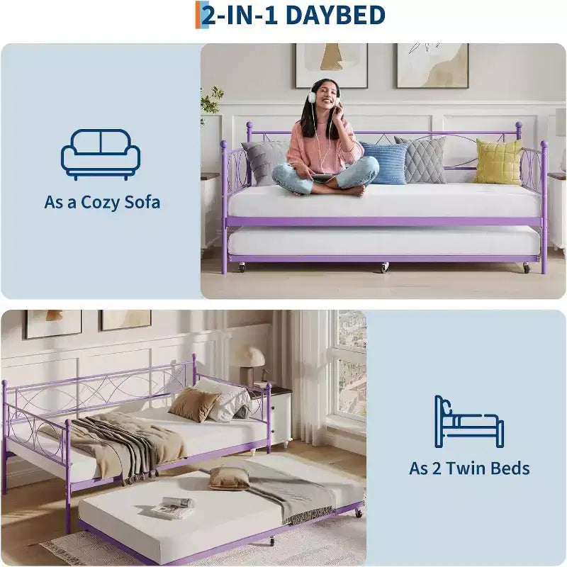 Lit de repos double en métal Noir/Doré/Rose/Violet/Blanc avec lit gigogne – Style canapé, 2 couchages