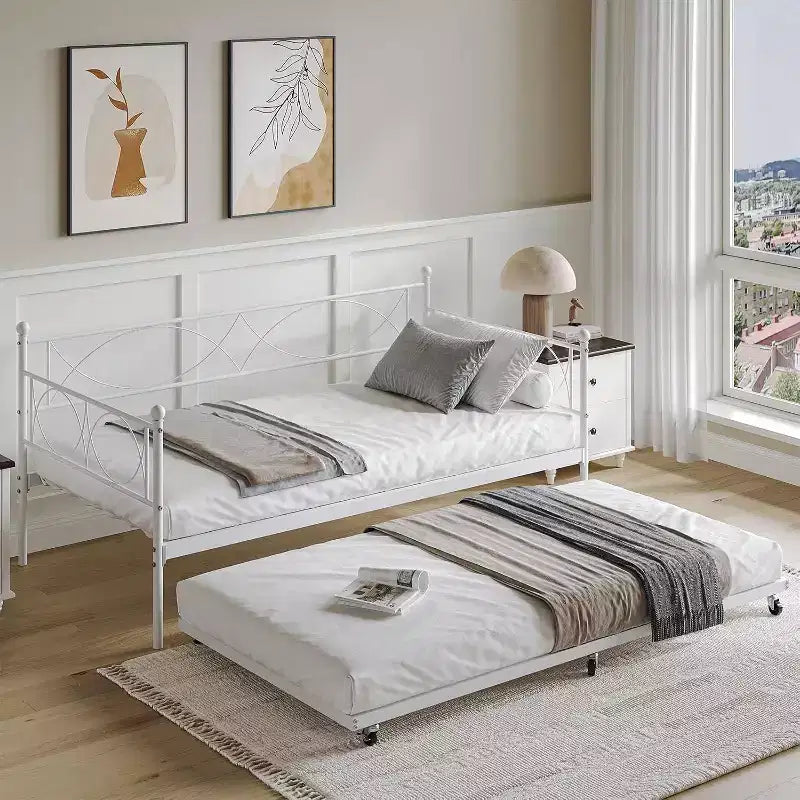Lit de repos double en métal Noir/Doré/Rose/Violet/Blanc avec lit gigogne – Style canapé, 2 couchages