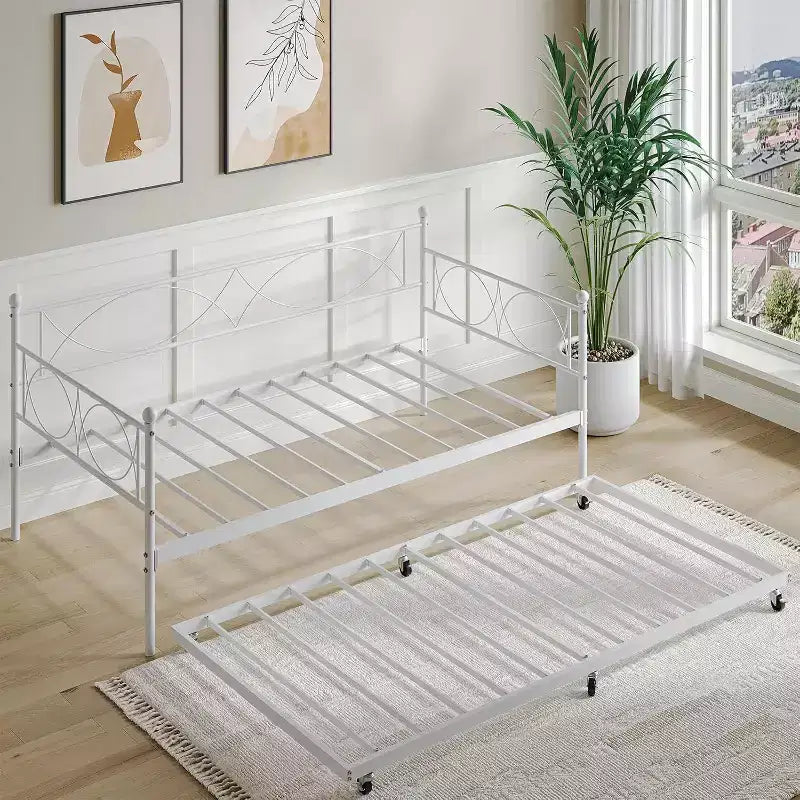 Lit de repos double en métal Noir/Doré/Rose/Violet/Blanc avec lit gigogne – Style canapé, 2 couchages
