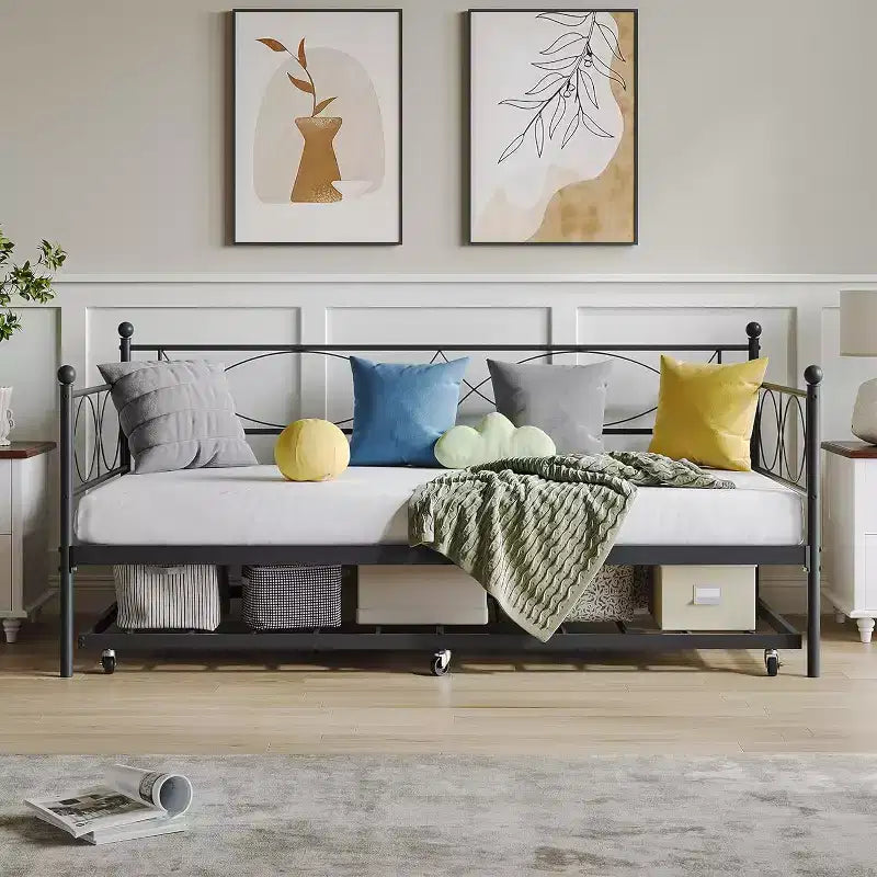 Lit de repos double en métal Noir/Doré/Rose/Violet/Blanc avec lit gigogne – Style canapé, 2 couchages