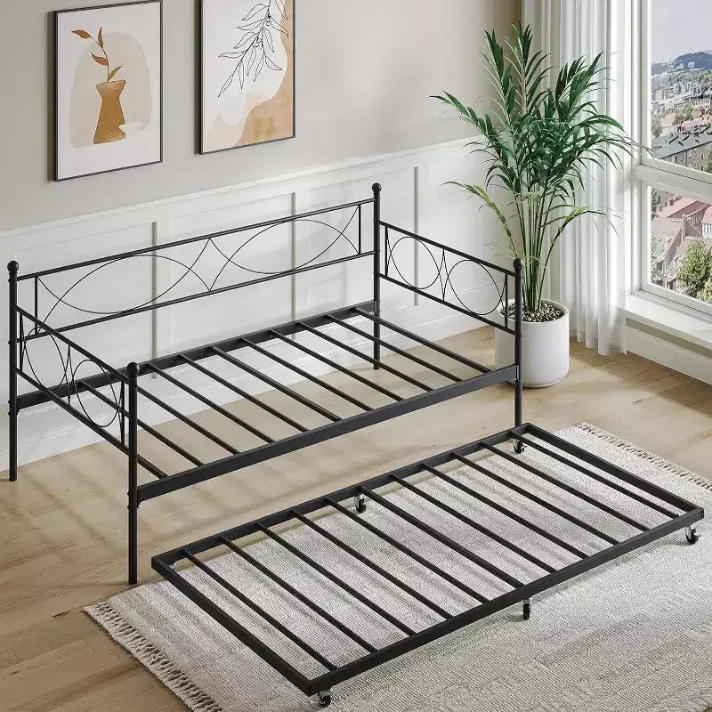 Lit de repos double en métal Noir/Doré/Rose/Violet/Blanc avec lit gigogne – Style canapé, 2 couchages