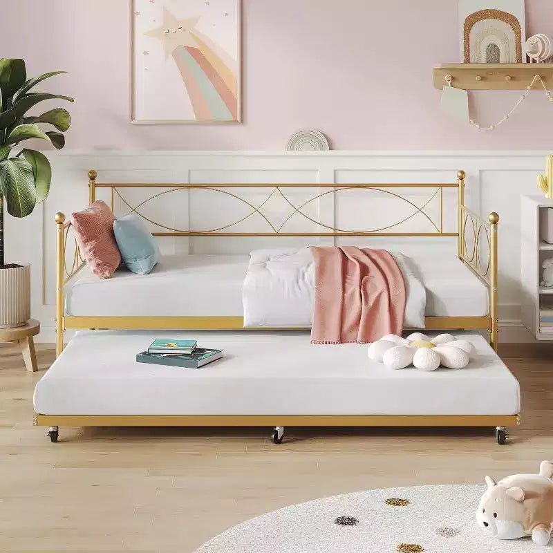 Lit de repos double en métal Noir/Doré/Rose/Violet/Blanc avec lit gigogne – Style canapé, 2 couchages