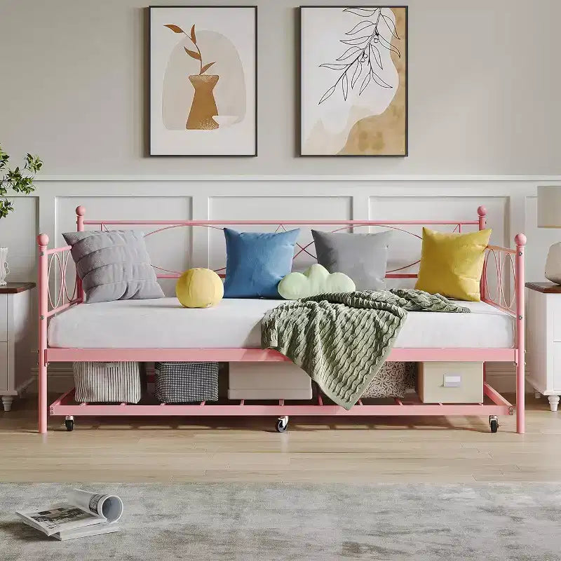 Lit de repos double en métal Noir/Doré/Rose/Violet/Blanc avec lit gigogne – Style canapé, 2 couchages