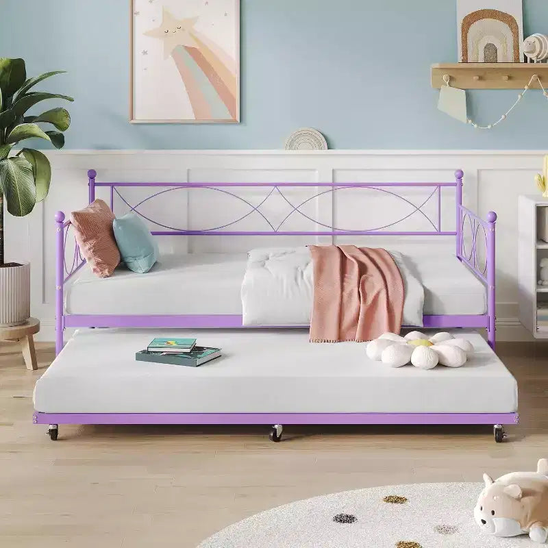 Lit de repos double en métal Noir/Doré/Rose/Violet/Blanc avec lit gigogne – Style canapé, 2 couchages